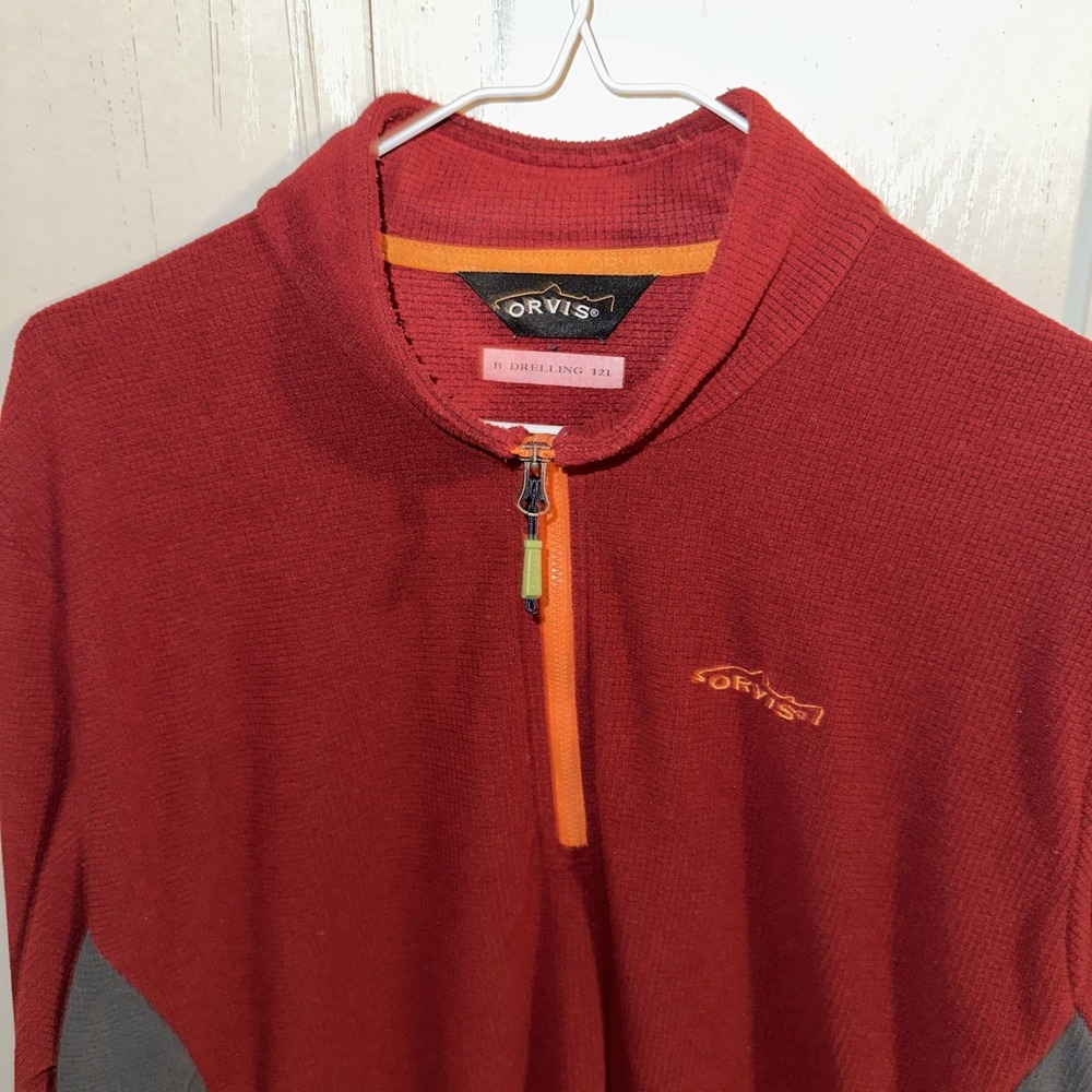 Orvis Trout Bum Quarter Zip Men's Large Fleece Pullover Top Red Orange Trim